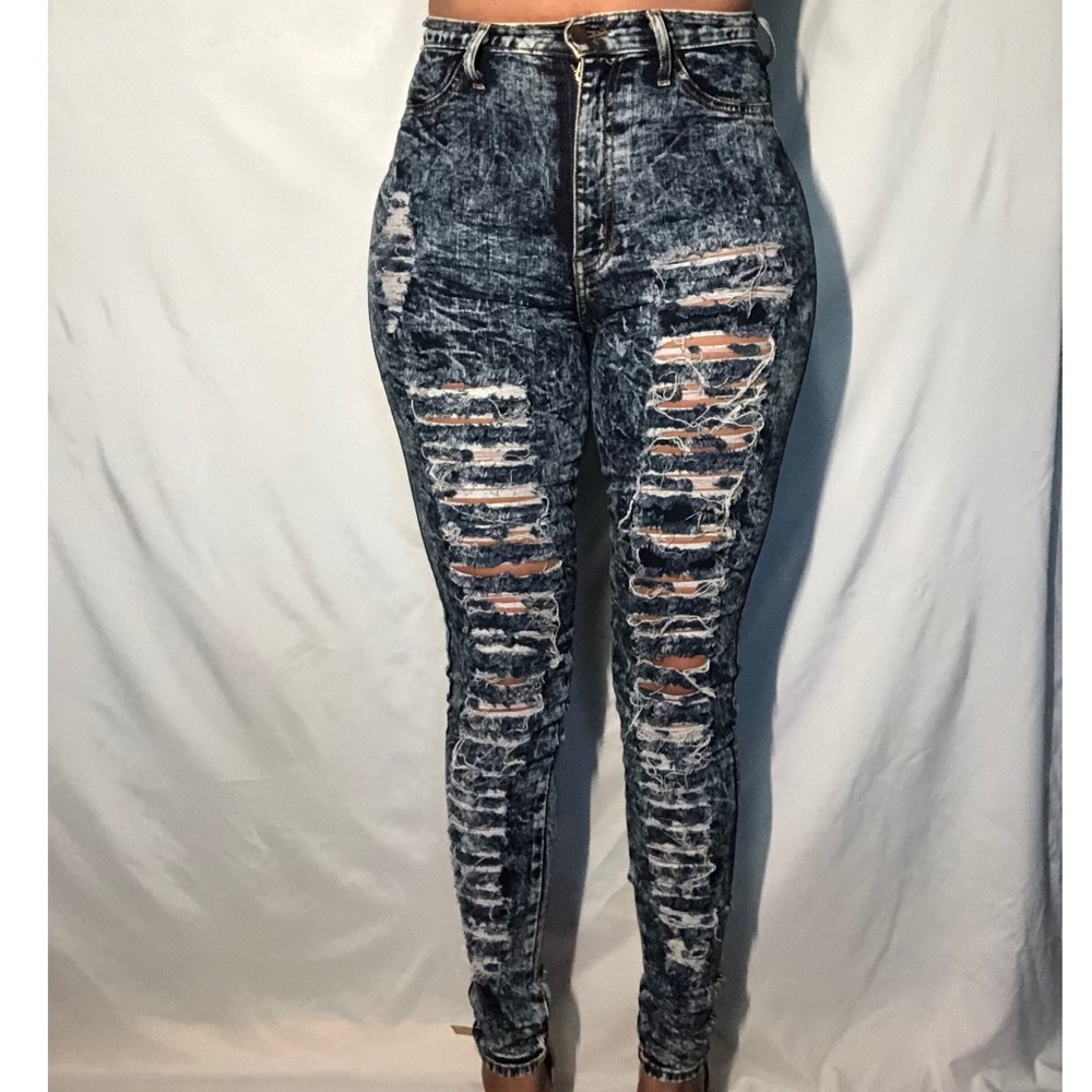 Dark Acid Wash High Waisted Ripped Skinny Jeans